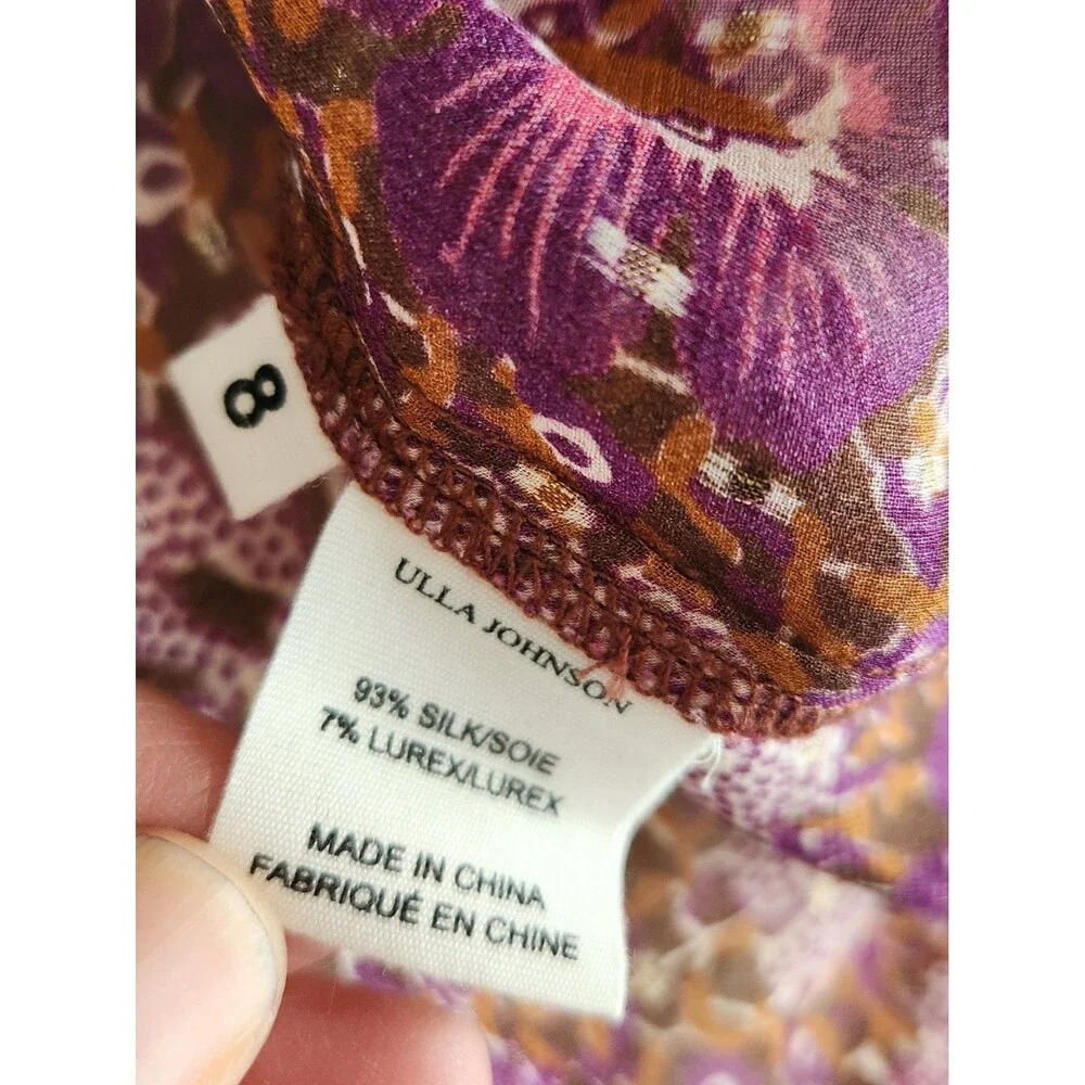 Ulla Johnson Marilla Blouse Silk Floral Sheer Ruffle Metallic Pink Top 8
